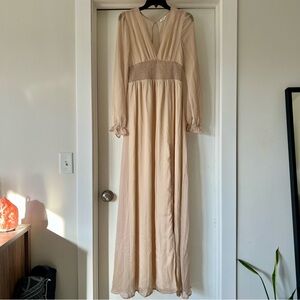 Nude Shimmer Long Sleeve Maxi Dress w/ Leg Slit